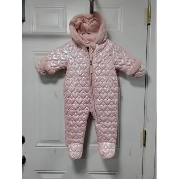Rothschild & Co Baby Girls Hooded Quilted-Heart Footed Pram Faux-Fur Trim 12M - Picture 1 of 6